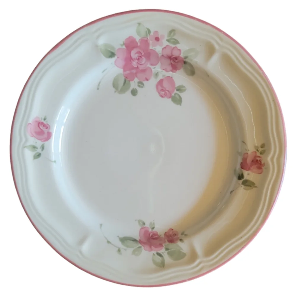 1 Vtg Gibson Roseland Stoneware Salad/Dessert Plate Pink Rim Roses Leaves